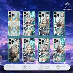 Può includere: Otto cover per telefono con illustrazioni di personaggi in stile anime e motivi floreali astratti. I design includono un personaggio con capelli chiari in varie pose, schemi di colori verde acqua e bianco e il testo FIREFLY.
