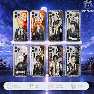 Pode incluir: Oito capas transparentes para smartphone com ilustrações de personagens em estilo anime da Limbus Company. Cada capa exibe um personagem único em uniforme formal com detalhes de texto verticais. Inclui várias cores e estilos de cabelo.