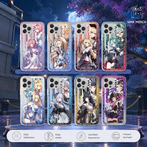 May include: Eight smartphone cases featuring anime-style character illustrations from Zenless Zone Zero. Each case displays a unique character with vibrant colors, vertical stripes, and text accents. The cases have a camera cutout and a protective frame.