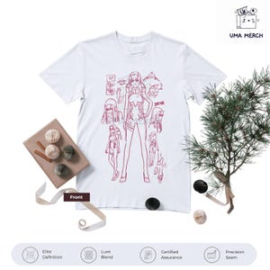 May include: White t-shirt featuring a red line art illustration of a female anime character. The design includes multiple poses and the text "ZERO TWO". The shirt is displayed with decorative elements and the text "UMA MERCH".