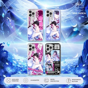 May include: Four clear phone cases featuring anime-style character illustrations. The designs include a character with dark hair in various poses, with text elements like COLUMBINA, SNEZHNAYA, and Japanese characters integrated into the graphic layouts.