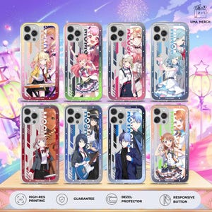 May include: Eight clear smartphone cases featuring anime-style character illustrations from Project Sekai. Each case displays a unique character with vibrant colors, vertical text, and a camera cutout. The cases are arranged in two rows of four.
