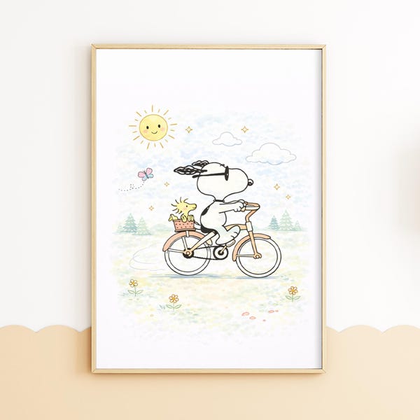 Snoopy Bicycle Nursery Poster, Kids Room Wall Art, Snoopy Woodstock Bike Print, Spring Nursery Decor, Baby Shower Gift, Toddler Room Print
