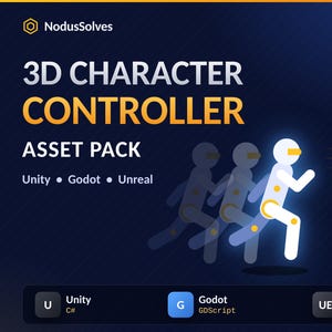 Könnte beinhalten: Eine digitale Grafik für ein 3D Character Controller Asset Pack von NodusSolves. Sie zeigt eine leuchtend weiße Strichmännchen-Figur beim Laufen mit Bewegungsspuren vor einem dunkelblauen Hintergrund. Text: Unity, Godot, Unreal Engine.