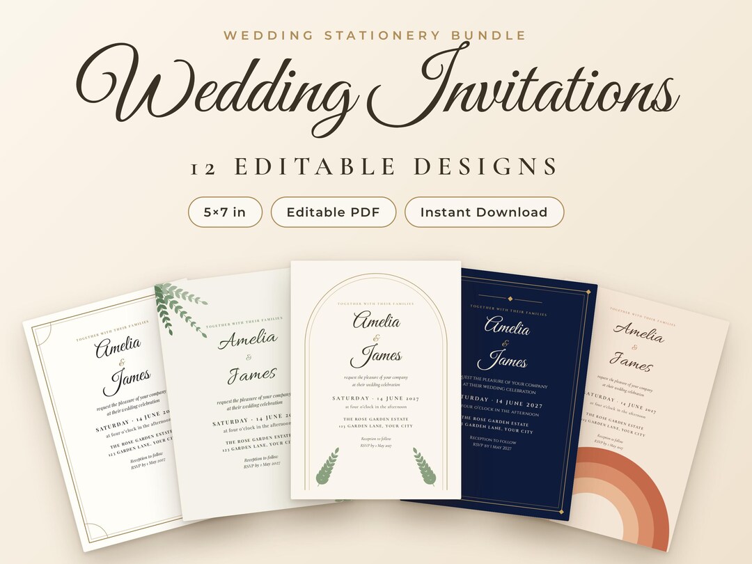 12 Editable Wedding Invitation Bundle, Boho Minimalist Designs (5x7 PDF ...