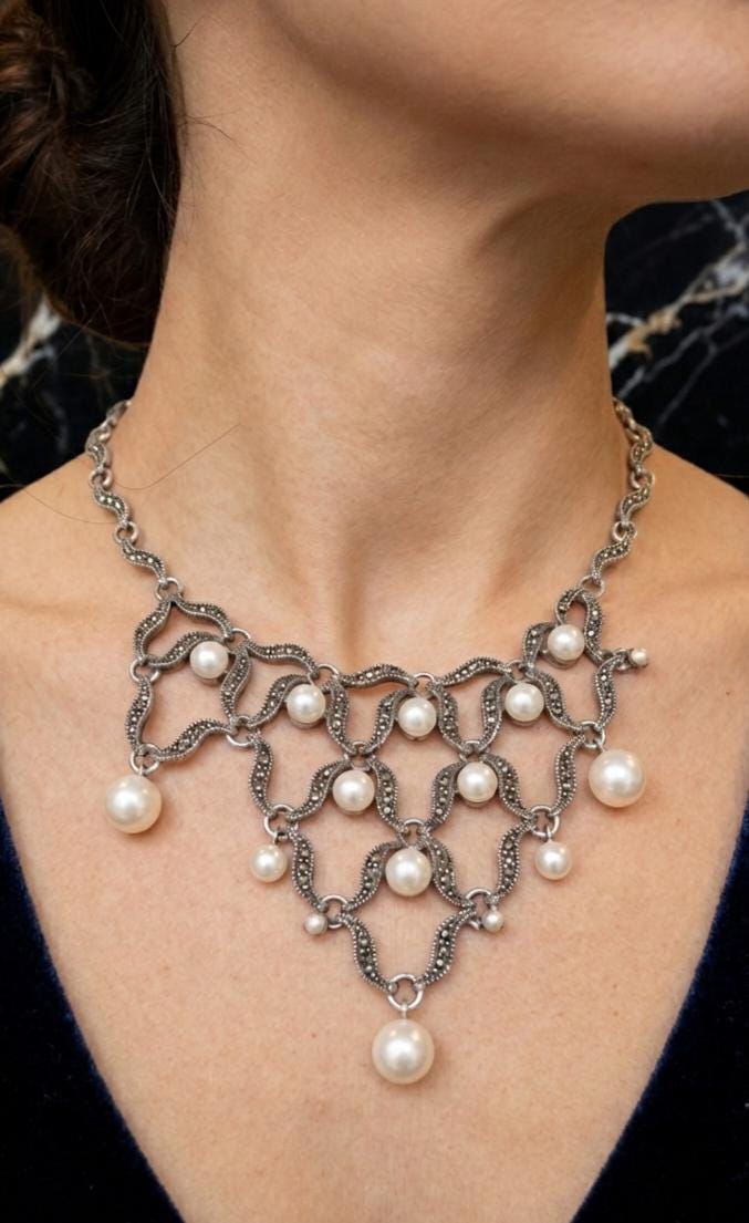Sterling Silver Pearl Bib Necklace, Bridal Wedding Statement Necklace,…