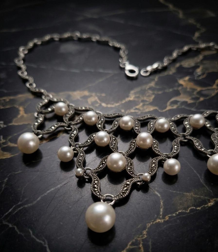 Sterling Silver Pearl Bib Necklace, Bridal Wedding Statement Necklace, Handmade Turkish Filigree Jewelry