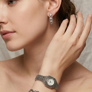 Vintage zilveren Marcasiet horlogeset, Reloj de Plata y Pendientes Mujer
