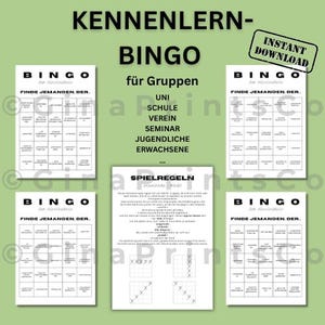 May include: A collection of printable Bingo game sheets with the title "KENNENLERN-BINGO" in black text. The sheets are designed for groups, including students, clubs, seminars, and young adults. The image also includes the text "INSTANT DOWNLOAD".