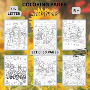 Könnte beinhalten: Ein Set von 30 Sommer-Malvorlagen. Die Seiten zeigen Strichzeichnungen von Kindern, die auf einem Klettergerüst, am Strand, auf einem Boot und in einem Pool spielen. Der Text "COLORING PAGES" und "SUMMER" steht oben.