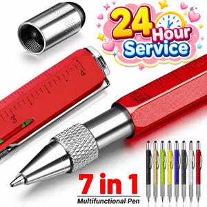 May include: A 7-in-1 multifunctional pen with a red ruler, stylus, and silver accents. The pen includes a level and a variety of colored pen tips. The image also includes the text "24 Hour Service".