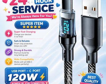 HOMEFISH 120W USB-C Geflochtenes Schnellladekabel mit Digitalanzeige
