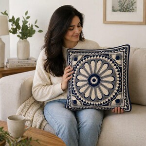 May include: A square, crocheted pillow with a floral design. The pillow features a central navy blue circle surrounded by cream-colored petals and gray accents. The border is navy blue, and the pillow is held by a person.