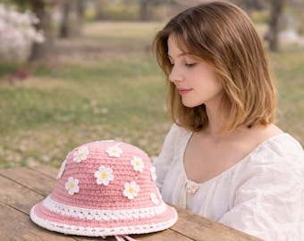 Patroon gehaakte emmerhoed met bloem, roze madeliefje zomerhoed, beginnersvriendelijke pdf