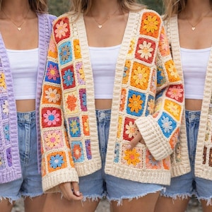 Patrón de cárdigan de ganchillo con estampado floral retro / Suéter estilo boho patchwork con cuadrados (descarga en PDF)