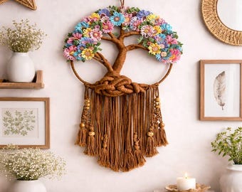 Árbol de la vida de macramé para colgar en la pared con coloridas flores de ganchillo / Decoración bohemia para el hogar