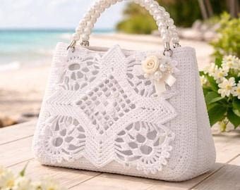 Elegante bolso blanco de ganchillo con asa de perlas, bolso de mano de ganchillo para novias, bolso de encaje para bodas, bolso de noche blanco hecho a mano, regalo elegante para mujeres