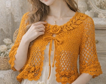 Vintage Rose Mesh häkeln Strickjacke Muster | Spitze Blumen Shrug | Sommer leichte Boho Strickjacke | Anfängerfreundlich