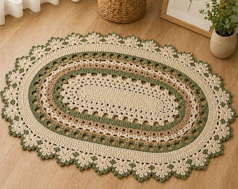 Motif de tapis ovale au crochet, tapis de sol bohème fait main, tapis en dentelle de ferme, décoration de chambre à coucher, salon, tapis en coton rustique PDF