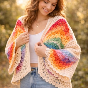 May include: A cream-colored, open-front crochet cardigan with rainbow-colored sleeves. The sleeves feature a vibrant gradient of red, orange, yellow, green, blue, and purple. The cardigan has a scalloped edge.
