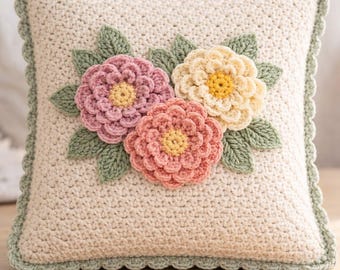 Patrón de cojín floral de ganchillo, funda de cojín con flores en 3D, decoración para el hogar ideal para principiantes (descarga en PDF)