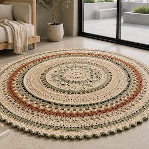 May include: A large, round, cream-colored crochet rug with intricate patterns. The rug features concentric circles in shades of cream, green, and rust. The outer edge has a scalloped border, adding a decorative touch to this handmade home decor item.