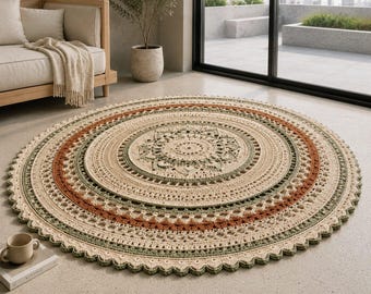 Runder Häkelteppich, Mandala-Teppich-Anleitung, handgemachtes Wohndekor-PDF, Schritt-für-Schritt-Anleitung, moderner Stil