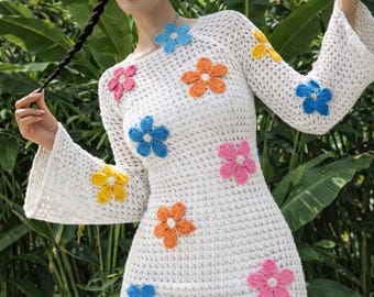 Vestido de malla floral de ganchillo hecho a mano – Minivestido de punto floral estilo boho