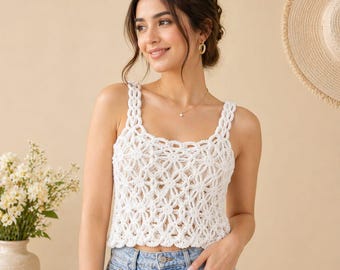 Crochet Flower Lace Top Pattern PDF, White Summer Crop Top Tutorial, Daisy Motif Crochet Tank Top, Beginner Friendly DIY Guide