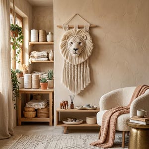 May include: A cream-colored macrame wall hanging featuring a detailed lion head with a thick, fringed mane and braided tassels hanging from a wooden dowel, suspended by a simple cord against a neutral-toned wall in a room setting.