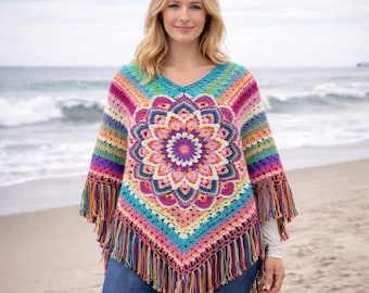 Modello per poncho mandala all'uncinetto / Sciarpa boho colorata (download PDF)