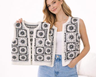 Wzór na szydełkową kamizelkę w kwadraty dla babci, bezrękawnik w kwiatowy wzór boho w formacie PDF