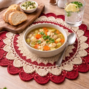 May include: A bowl of chicken soup with carrots and potatoes sits on a red and beige crocheted doily. Sliced bread, a small bowl of butter, and a glass of water with lemon are also on the wooden table. A spoon rests beside the soup.