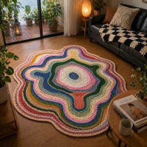 Puede incluir: Una alfombra colorida, hecha a mano, con una forma orgánica, similar a una ameba. La alfombra presenta anillos concéntricos de varios colores, incluyendo rojo, amarillo, verde, azul y rosa. La alfombra está hecha de un material tejido y añade un toque bohemio a la habitación.