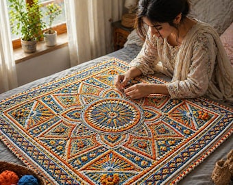 Motif de couverture au crochet mandala bohème fait main, tapis afghan géométrique coloré, jeté texturé bricolage PDF