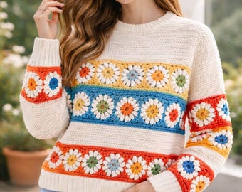 Häkeln Daisy Pullover Muster | Oma Quadrat Floral Pullover (PDF-Muster)