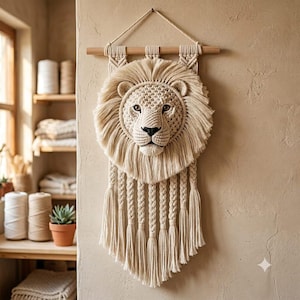 May include: A cream-colored macrame wall hanging featuring a three-dimensional lion head with a textured mane. The lion is suspended from a horizontal wooden dowel by a braided cord. Below the lion, several long, braided fringe tassels hang down.