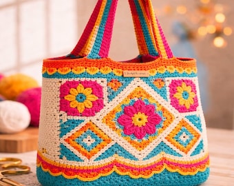 Patrón de ganchillo para bolso tote cuadrado estilo abuela, bolso de hombro floral estilo boho (descarga en PDF)