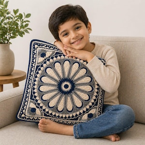 May include: A square, crocheted pillow with a floral design. The pillow features a central navy blue circle surrounded by cream and gray petals. The border is navy blue with a scalloped edge. The pillow is approximately 16 inches square.