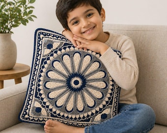 Modello PDF per cuscino all'uncinetto di lusso, federa per cuscino mandala, decorazione per la casa fatta a mano, cuscino per divano boho, download digitale