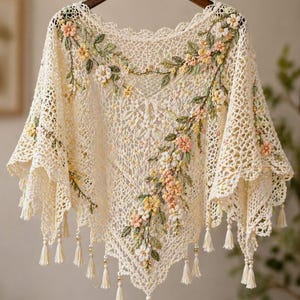 Puede incluir: Chal de ganchillo color crema con bordado floral. El chal presenta un delicado diseño calado, adornado con flores bordadas en tonos melocotón, amarillo y blanco, junto con hojas verdes. Borlas con cuentas cuelgan de los bordes.