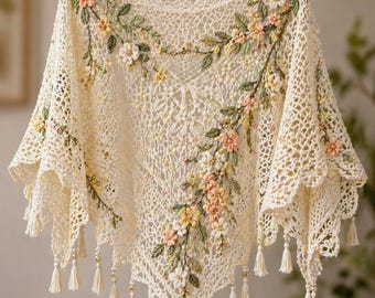 Floral Crochet Poncho Pattern PDF, Boho Lace Shawl with Tassels, Handmade Capelet Tutorial, Summer Cover Up Gift