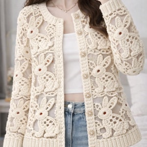 Puede incluir: Cárdigan de crochet color crema con un patrón de conejos repetido. El suéter abierto tiene mangas largas y botones decorativos. El delicado diseño incluye un respaldo de malla transparente, creando una textura única. Una prenda encantadora y caprichosa.