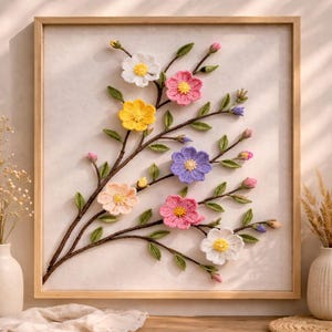 Virkad väggkonst med blomkvist, bohemisk blomdekor, vårhem (PDF-nedladdning)
