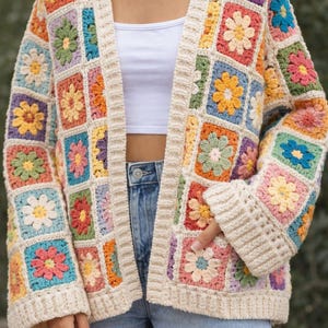 Patroon retro gehaakt vest met bloemen | Boho patchwork oma vierkante trui (pdf-download)