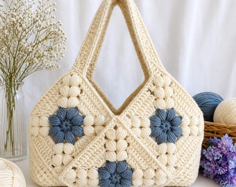 Bolso cuadrado de ganchillo hecho a mano con flores, bolso de hombro azul crema, bolso de mano de estilo bohemio tejido, bolso de ganchillo floral, regalo para ella.