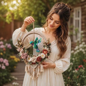 Crochet Hummingbird Floral Wreath Pattern PDF, Macrame Door Wall Hanging, Boho Spring Home Decor, Handmade Gift Tutorial