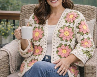 Daisy Granny Square Crochet Cardigan Pattern | Floral Chunky Jacket | Beginner Friendly PDF