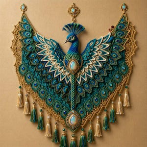 May include: A detailed peacock wall hanging in teal, blue, and gold. The piece features intricate openwork wings, beaded embellishments, and hanging tassels. The design includes a central opal-like stone and a feathered crown. The measurements are in centimeters.