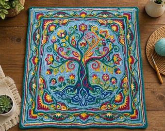 Levensboom gehaakte dekenpatroon pdf, bloemen vierkante Afghaanse tutorial, kleurrijk gehaakt dekenontwerp, instant download